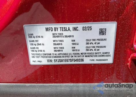 2025 Tesla Model S Plaid z USA, uszkodzony, nr VIN 5YJSA1E67SF549336